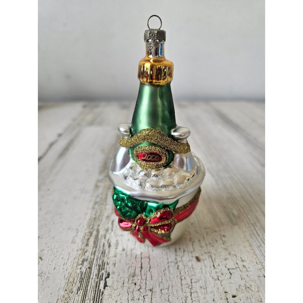 Glass champagne bottle bucket ornament glitter gold Xmas New Year's tree